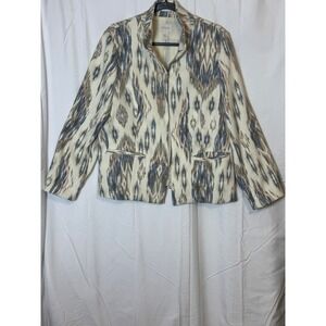 Chicos Ikat Print Blazer Jacket Blue Tan Cream Textured Woven Size 2 L Large